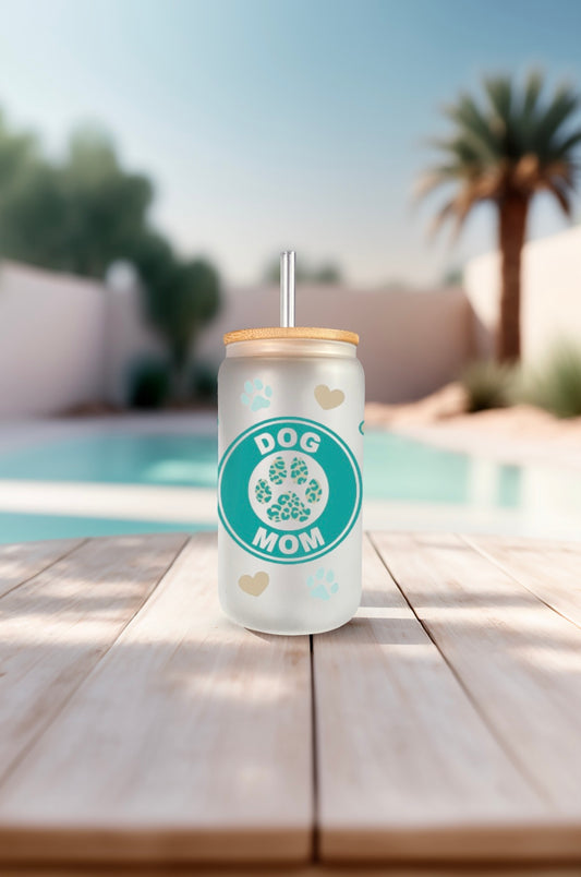 Dog Mom Glass Can (Lid and Plastic straw included)